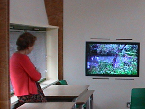 Photo of Mossbrook science teacher Heather Woods and the LCD screen embedded in the wall of the classroom